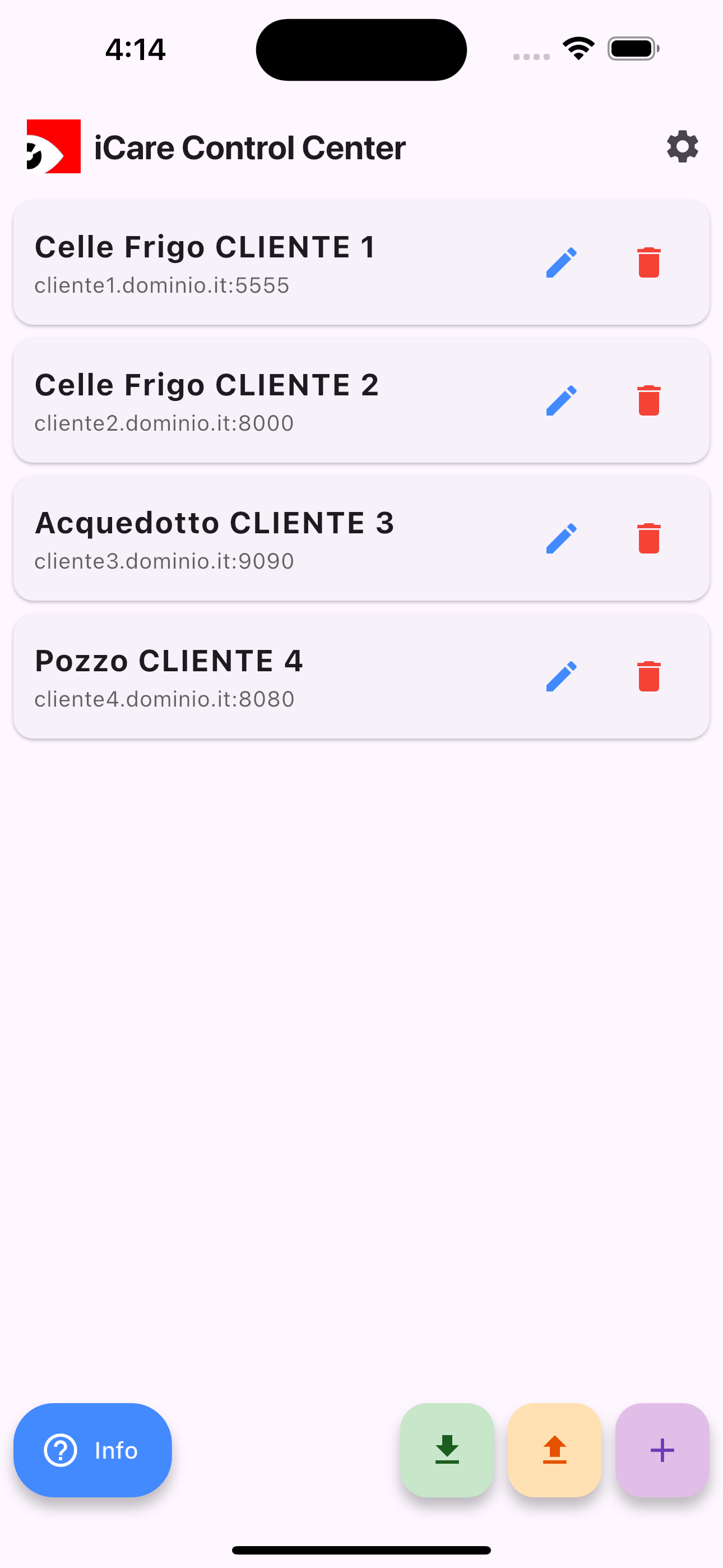 Schermata iniziale di iCare Control Center su smartphone