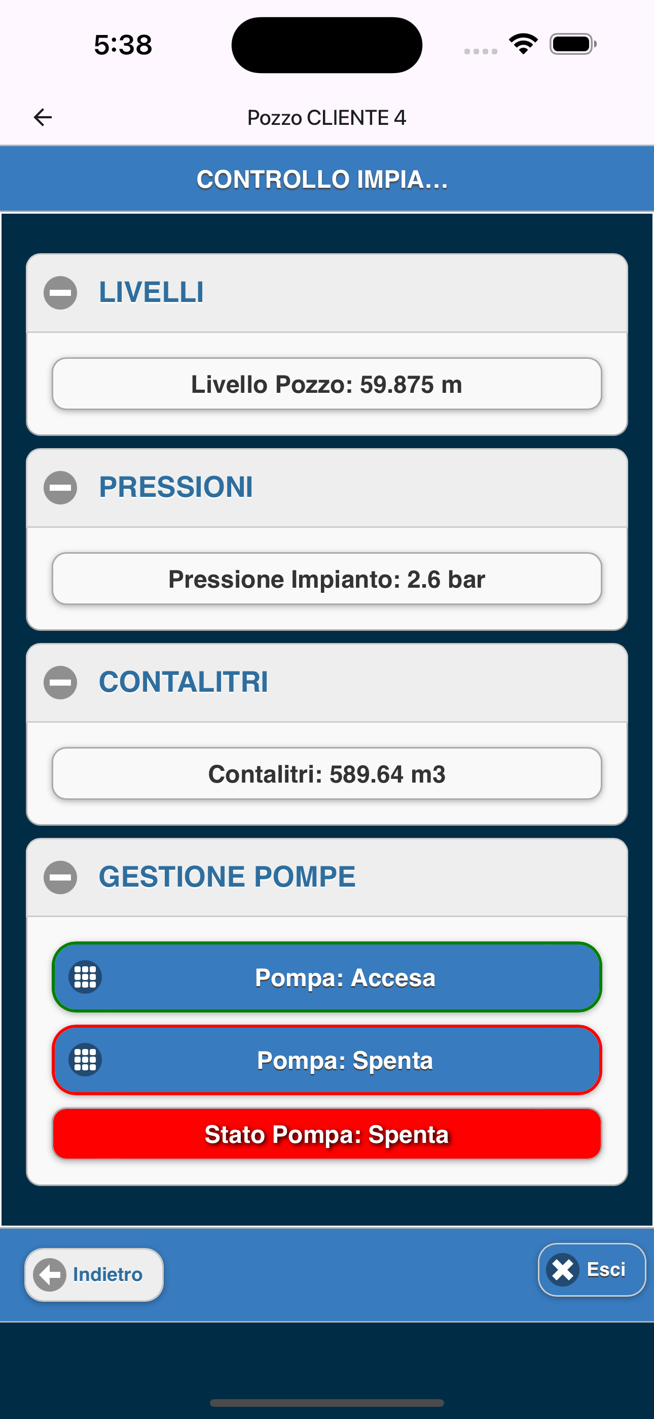 Interfaccia webview iCare Control Center
